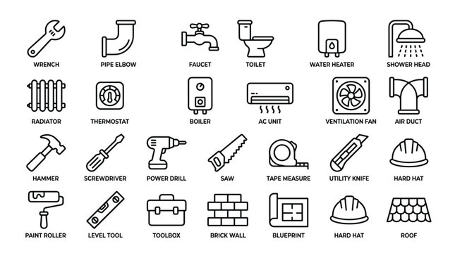 Plumbing and construction tools icons set featuring wrench pipes faucet toilet water heater radiator thermostat boiler ac unit ventilation fan and blueprint plan.