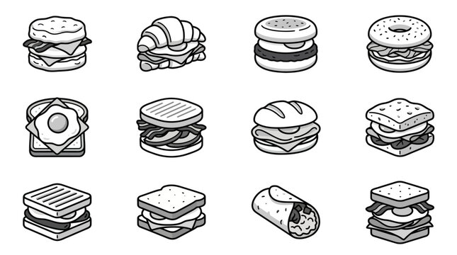 Set of black and white sandwich and burger line icons.