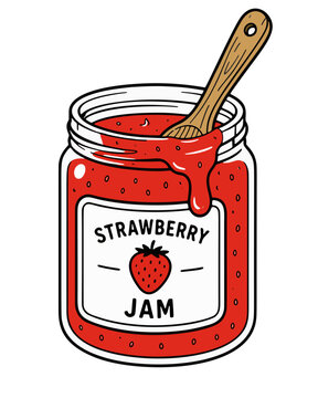 flat illustration of open strawberry jam jar with wooden spoon