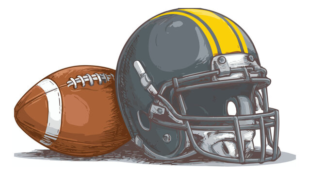 American football helmet and ball on field sports equipment safety gear for game or practice