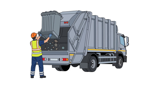 Garbage truck worker emptying a large waste bin into the back of a grey refuse vehicle for collection.
