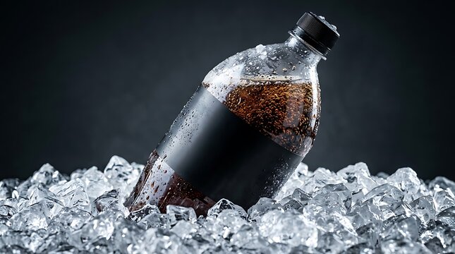 Cold plastic bottle of refreshing soda drink standing in a pile of crushed ice cubes. 2 liter soda