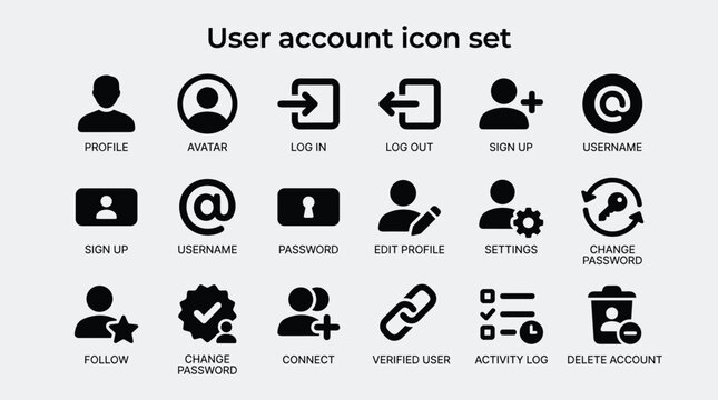 Professional user account icon set for web and mobile applications including profile avatar login log out sign up username password settings and account management.