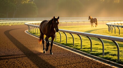 Obraz premium Brown horse walks on dirt track early morning. Golden sun rays shine through mist on grass field. Another horse runs distant. Preparation for race.