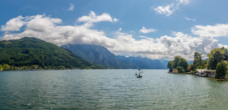 Lake Traunsee in Austria, panorama with boats and mountains