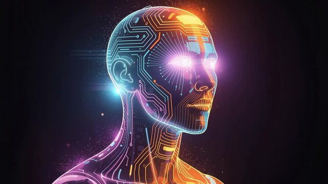Futuristic humanoid with glowing circuit patterns on face and neck illuminated in dark
