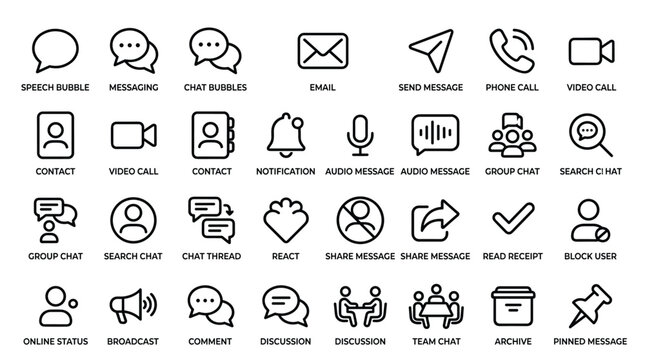 Set of communication line icons, speech bubble, messaging, chat bubbles, email, send message, phone call, video call, contact, notification.