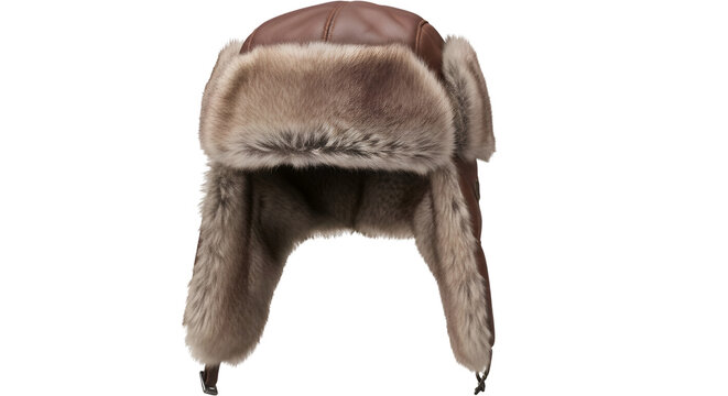 Classic brown leather ushanka winter hat with faux fur trim isolated on a plain white background