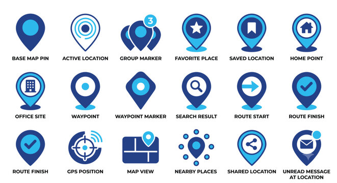 Set of flat map pin icons in blue color for navigation systems and location services featuring various symbols for landmarks routes and destinations for mobile app.