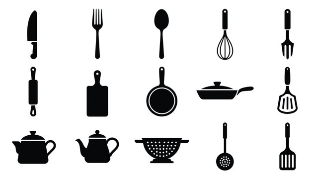 Kitchen utensils and cookware icons on white background