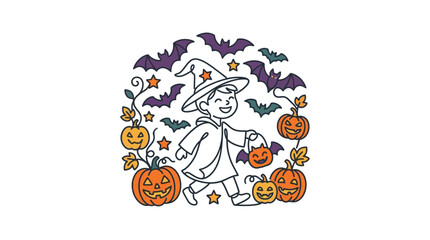 Fototapeta premium A joyful child dressed as a wizard trick or treating surrounded by pumpkins and bats.