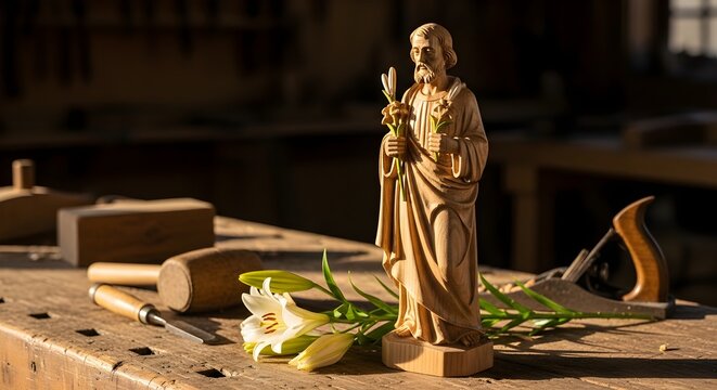 Golden religious statue with white flowers and scrolls on weathered wooden workbench in warm natural light, isolated on clean background, high quality professional phot