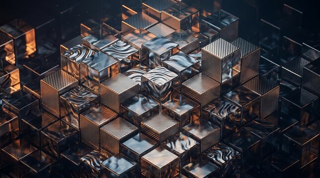 A 3d rendering of a complex metallic cube structure with reflective surfaces
