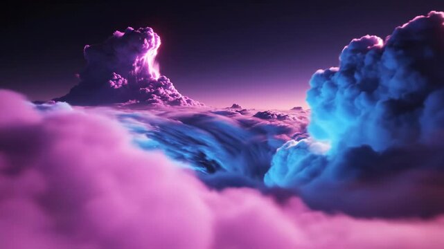 Massive swirling cumulonimbus cloud formations illuminated with vibrant neon pink, purple, and cyan blue light against a dark night sky, detailed atmospheric high contrast aerial view.