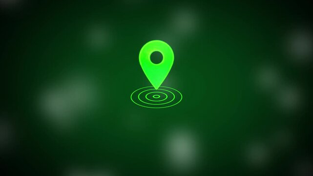 Animated green map location pin with pulsing radar waves on dark background, navigation