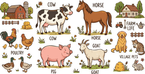 Obraz premium Generated on Hand drawn Farm animals set. Domestic livestock cow, horse, pig, goat. Village composition with poultry and pets vector art on white background