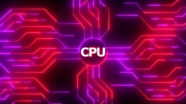 Cpu processor central processing unit concept with glowing neon digital circuit board data flow technology