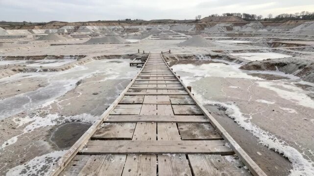 A rickety old wooden bridge over a desolate area with pools of stagnant water.