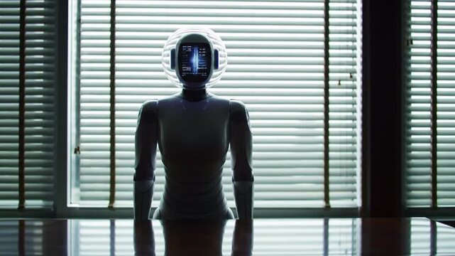 Futuristic humanoid robot with glowing screen on its head stands in office near window