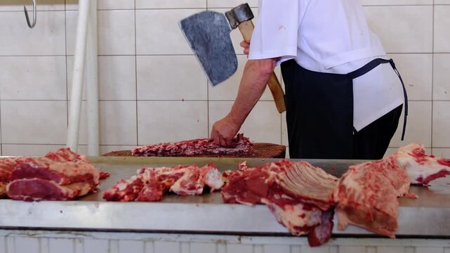 Butcher chopping fresh beef and pork with large meat cleaver at traditional market wearing black apron while preparing raw meat for customers