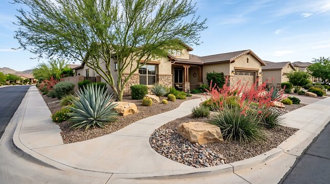 Modern suburban house exterior with desert landscaping on a sunny day in a quiet neighborhood. arizona front yard 