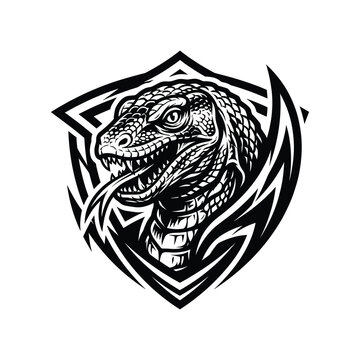 Venomous snake cobra viper shield esports mascot gaming logo black and white vector