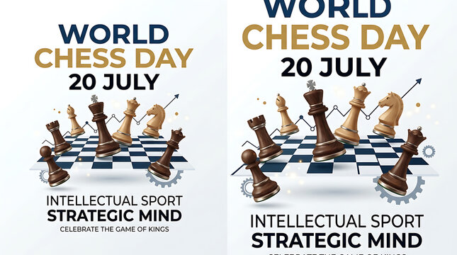  A split graphic showing a stylized chessboard with pieces, marked "WORLD CHESS DAY 20 JULY" and "INTELLECTUAL SPORT STRATEGIC MIND."