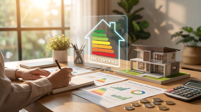 Energy Performance Certificate EPC Certified House Model on Desk for Residential Sustainability and Real Estate Audits