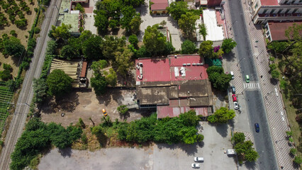 Naklejka premium Beautiful aerial view of Pompeii ancient city ruins under clear blue skies