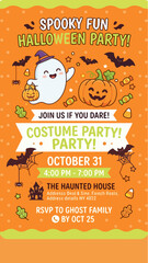Fototapeta premium Halloween Kids Costume Party Invitation Card — Bright Orange Lime Cute Friendly Spooky Children Event Template Design