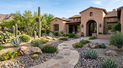 Fototapeta premium Beautiful luxury home with desert garden and saguaro cacti in arizona. arizona front yard 