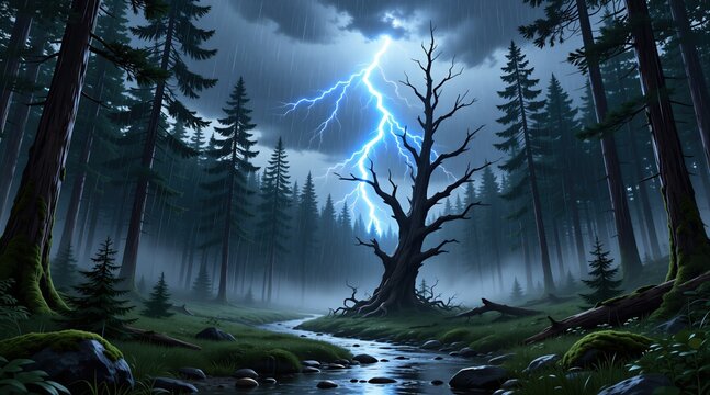 Lightning strikes dead tree in misty forest with creek and rain. Dark moody atmosphere, dramatic nature scene. Blue sky electricity bolt, wood and water.
