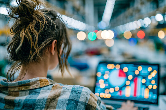 Mulher analisando gr&aacute;ficos de dados no notebook em um moderno centro de distribui&ccedil;&atilde;o log&iacute;stico. Vista traseira com fundo industrial desfocado e luzes bokeh.