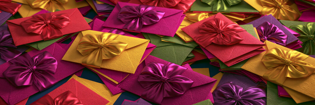 Grande pilha de envelopes coloridos texturizados com la&ccedil;os de cetim para vales-presente e convites festivos