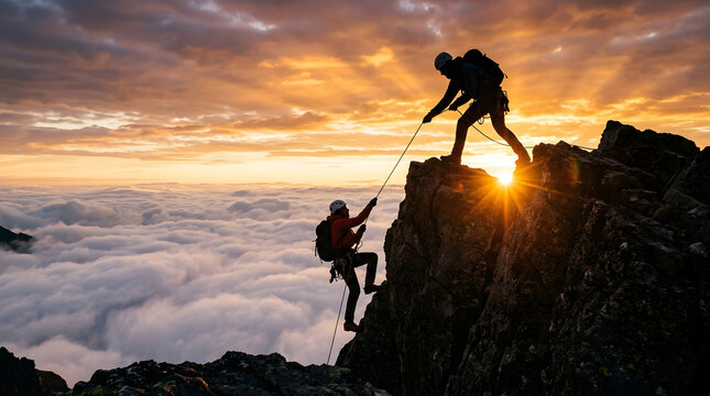 Two Silhouette Mountain Climbers Working Together to Reach the Summit at Sunrise Above a Sea of Clouds, Symbolizing Teamwork and Success