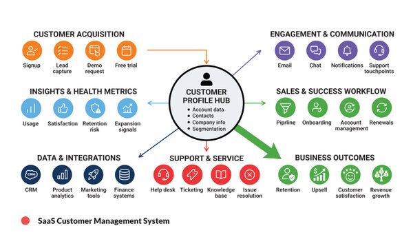 SaaS customer management system illustrating customer profile hub and business outcomes.