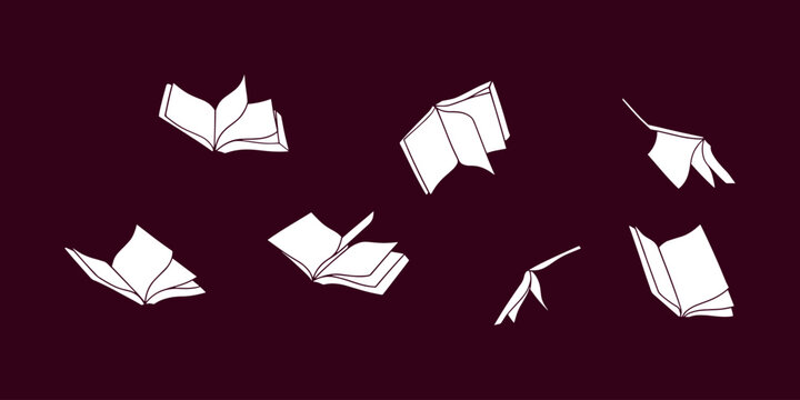 hand drawn book shilouette style illustration, flying book effect cartoon