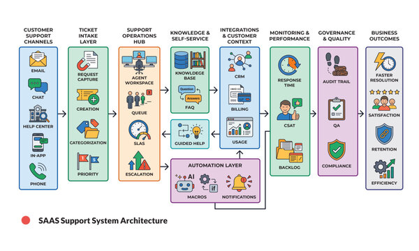 SaaS support system architecture flowchart for customer service and ticket management.
