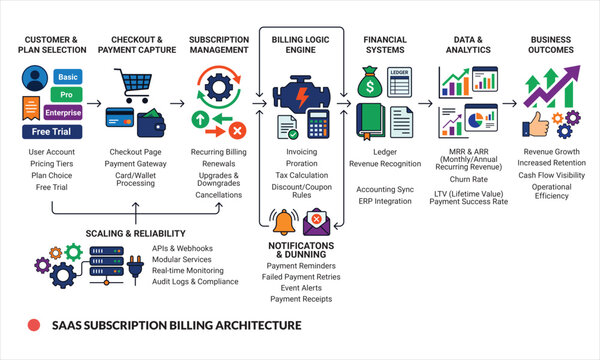 SaaS subscription billing architecture with customer plan selection and payment capture.