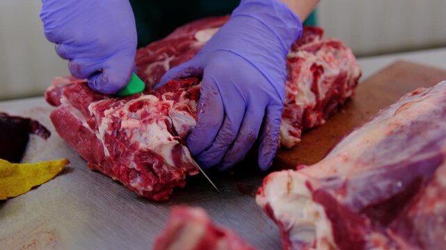 Female butcher cutting fresh bone in beef steak from large beef roast with sharp knife at traditional market preparing quality meat for customers