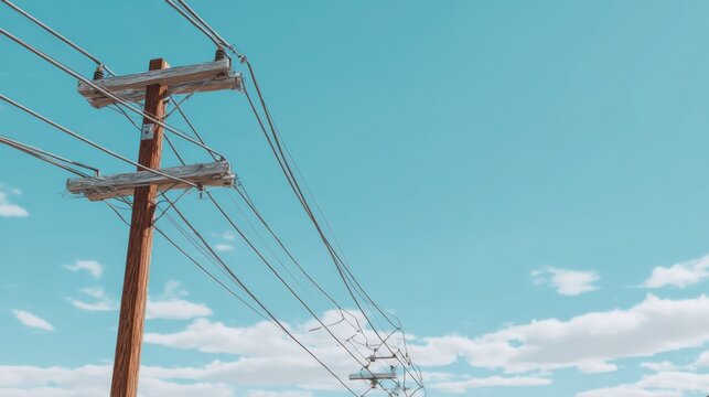 An old wooden electric pole with high voltage power lines stretching across a clear blue sky with scattered clouds