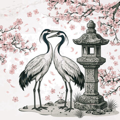 Fototapeta premium Generated on Hand drawn Heron birds with japanese lantern pagoda and sakura flowers, elegant long leg birds in asian culture vector art on white background