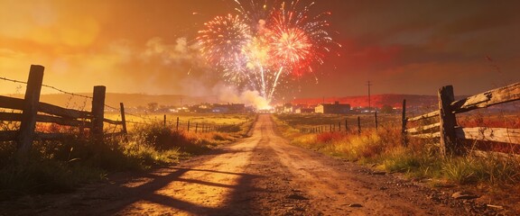 Naklejka premium Dramatic fireworks display over a rural dirt road at golden hour sunset