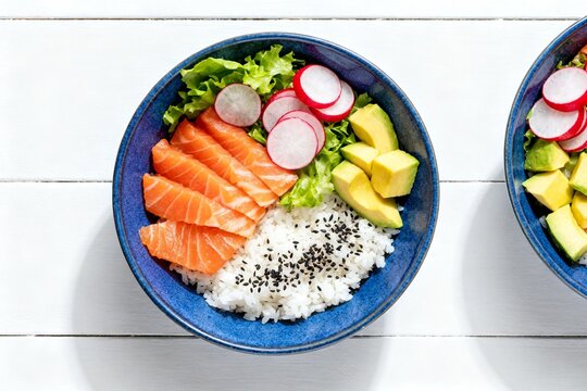Salmon avocado rice bowl with radish