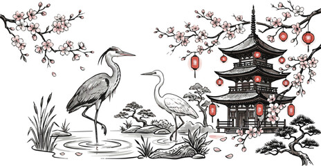 Fototapeta premium Generated on Hand drawn Heron birds with japanese lantern pagoda and sakura flowers, elegant long leg birds in asian culture vector art on white background