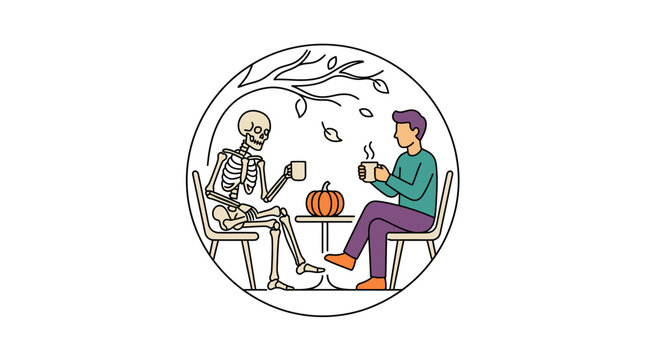 A human man and a skeleton sitting together drinking coffee at a table.