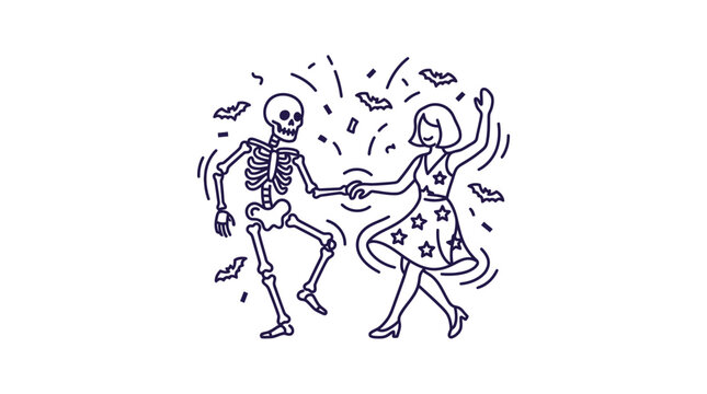 A skeleton and a woman dancing together in a festive Halloween celebration.