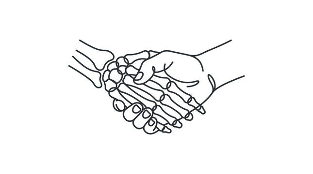 A continuous line drawing of a human hand shaking hands with a skeleton hand.