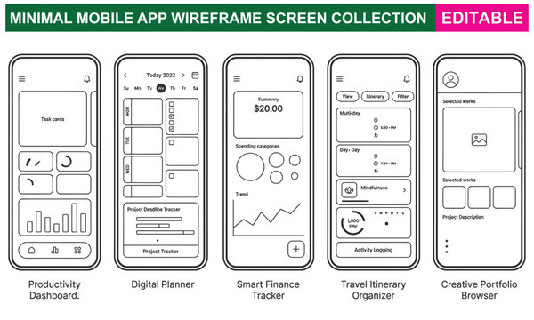 Minimal mobile app wireframe screen collection
