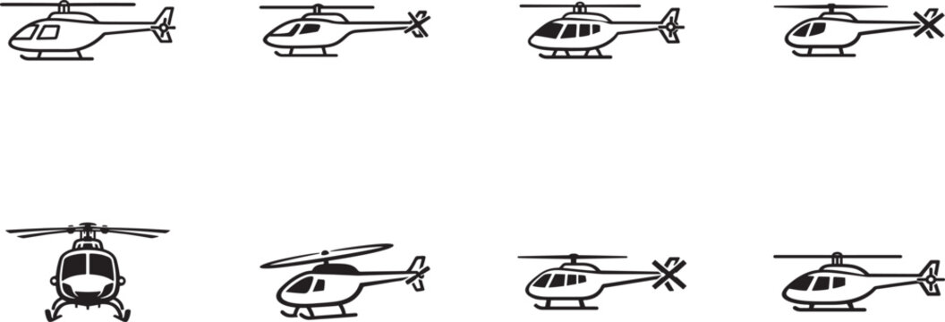 Helicopter vector icon collection with multiple views and styles for aviation, transport and rescue design.